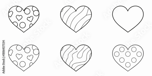 A collection of six black and white heart shapes with different patterns