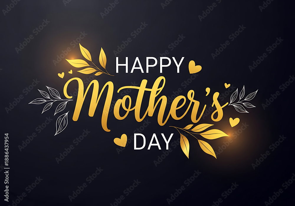 Obraz premium Happy mother's day greeting card with golden leaves and hearts