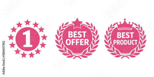 Modern awards and labels set featuring a number one, best offer, and best product signs for promotional and quality recognition