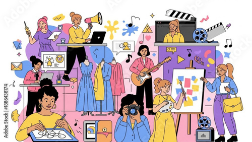 Diverse women in creative professions illustration of artists musicians filmmakers and designers collaborating concept for female empowerment and entrepreneurship