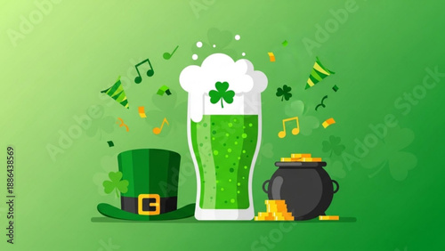 St Patricks Day celebration with a pint of green beer leprechaun hat and pot of gold festive illustration for holiday design