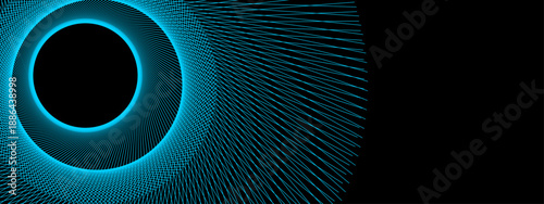 High resolution cyan blue lines forming a digital spiral vortex over a solid black background for modern tech designs