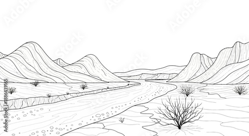 Desert landscape with mountains and dry bushes sketch.