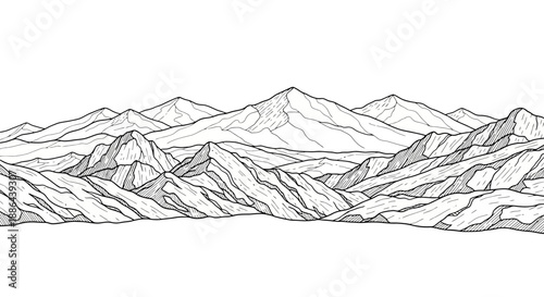 Stylized mountain range illustration in black and white line art.