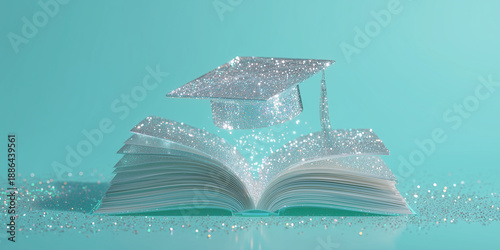 Transparent glass book opening with a holographic neon graduation cap rising out to represent the future of online education on a solid mint green background