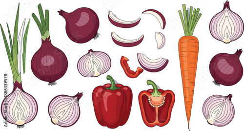 Fresh vegetable vector set featuring whole and sliced red onions orange carrots and red bell peppers isolated on white background flat illustration.