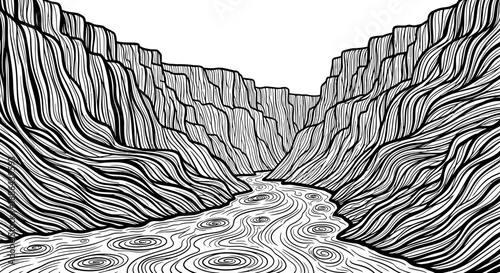 Black and white illustration of a winding river flowing through a deep canyon.