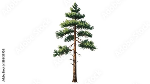 A tall pine tree stands alone with lush green branches against a clear backdrop viewed from the side.
