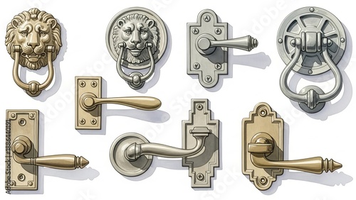 Collection of antique door handles and knobs displayed from various viewpoints