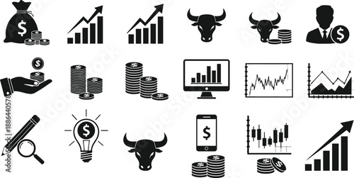 Financial business icons set showing growth charts money bull market investment analytics symbols isolated black vector illustration