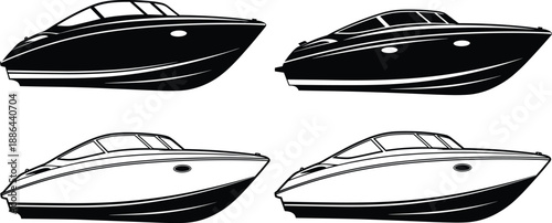 Motor yacht speed boat icons set, luxury marine watercraft silhouettes for transportation travel recreation isolated black vector illustration