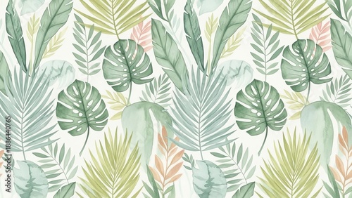 Tropical leaves pattern featuring monstera, palm, and ferns in a lush, vibrant, and detailed botanical illustration