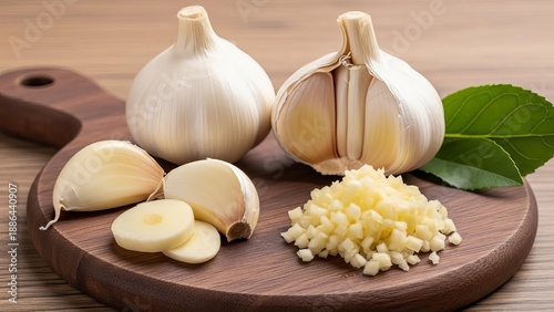 Fresh garlic bulbs and cloves arranged on a wooden cutting board with minced garlic and leaves