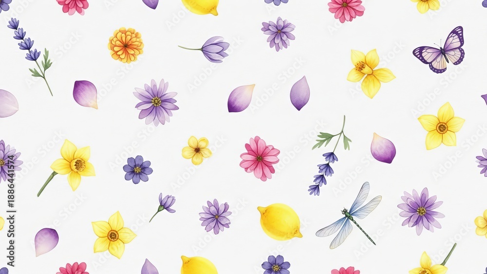 Fototapeta premium Various flowers, leaves, butterflies, and insects scattered across a white background from an aerial viewpoint