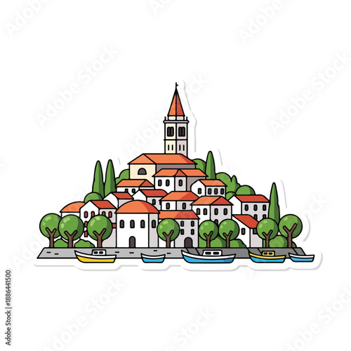 Canvas Print Illustration of a quaint seaside village scene.