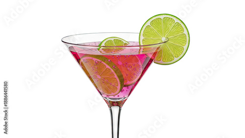 Pink Cocktail with Citrus Slices and Bubbles in Martini Glass