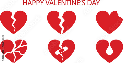  Happy Valentine's Day 2026 Broken Heart Icon Set - 6 Red Silhouette Designs for Sad Love and Heartbreak Themes 2026 