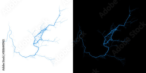 Foto Electric blue lightning bolt on white and black backgrounds isolated on transpar