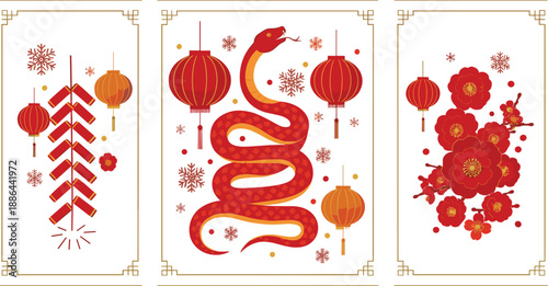 Chinese Lunar New Year vector set featuring red snake zodiac, decorative lanterns, firecrackers, and plum blossoms for traditional spring festival celebrations.