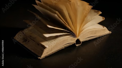 An old, open book with pages fluttering in the dim, warm light