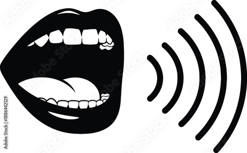 A black and white illustration of a mouth with sound waves coming out