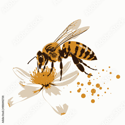 Detailed Illustration of a Bee Pollinating a Daisy Flower With Intricate Details and Honey Droplets Visible Against a Clean White Background