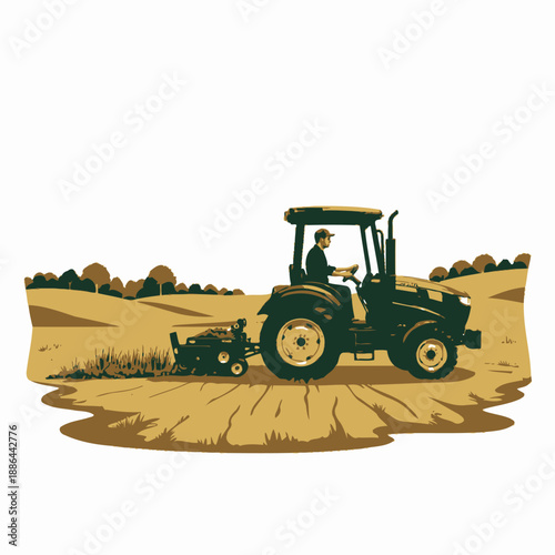 A farmer operates a green tractor cultivating an expansive agricultural field under a clear sky, with rolling green hills in the background, representing modern farming practices.
