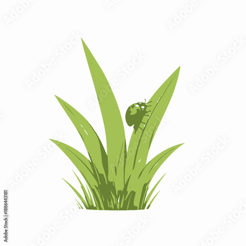 Illustration of a Ladybug Climbing on Vibrant Green Grass Blades Against a Crisp White Background Evoking a Sense of Nature's Simplicity and Serenity