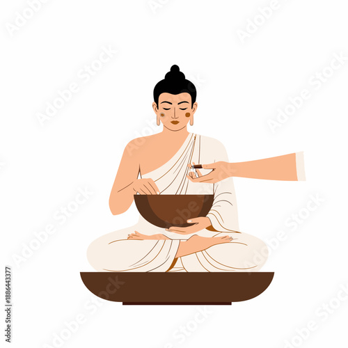 Artistic Representation of a Seated Monk in Meditation Receiving Food Offerings from a Partial Hand Against a Minimalist Background