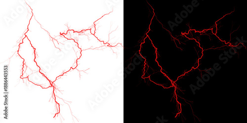 Red lightning bolt on white and black backgrounds side by side isolated on transparent background