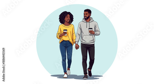 Young couple walking together while using mobile phones in a casual and relaxed atmosphere