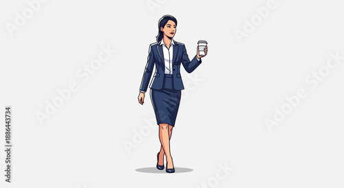 Businesswoman walking and holding a smartphone, illustration of a professional woman in a blue suit, viewed from the side
