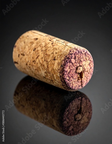 Rustic, granulated wine cork rests on a dark, shiny surface, creating a distinct reflection