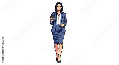 Businesswoman walking forward holding a smartphone, viewed from the front, in a professional illustration style.