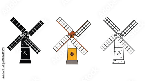 Three colorful windmills standing side by side in a row