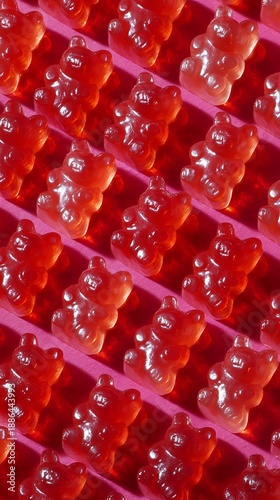 Bright red gummy bears are arranged neatly on a vibrant pink surface, creating a visually striking pattern.