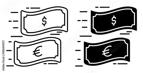Linear icon. Dollar bills and euros are racing each other in a financial competition. Simple black and white vector isolated on white background