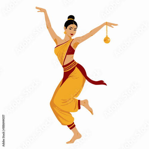 Illustration of a Traditional Indian Dancer in a Dynamic Pose Wearing Vibrant Yellow and Red Attire with Graceful Arm Movements and Elegant Ornamentation
