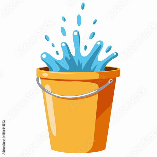 Illustration of a Wooden Bucket with Splashing Blue Water Creating a Dynamic Wave of Droplets Against a White Background