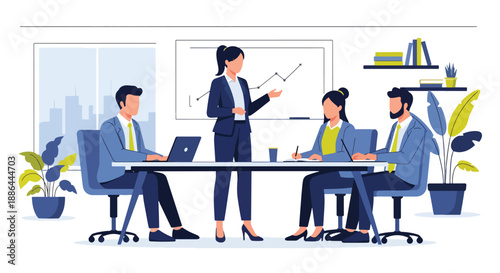 Vector illustration of a female entrepreneur beside a presentation board, expressing strategic thinking and modern leadership in flat vector style