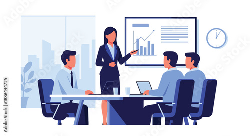 Vector illustration of a female entrepreneur beside a presentation board, expressing strategic thinking and modern leadership in flat vector style