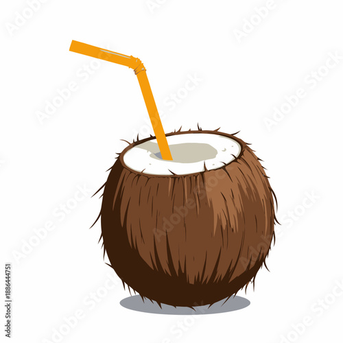 Refreshing Whole Coconut Drink with Straw Illustrates Tropical Refreshment and Natural Hydration for Beach or Summer Days