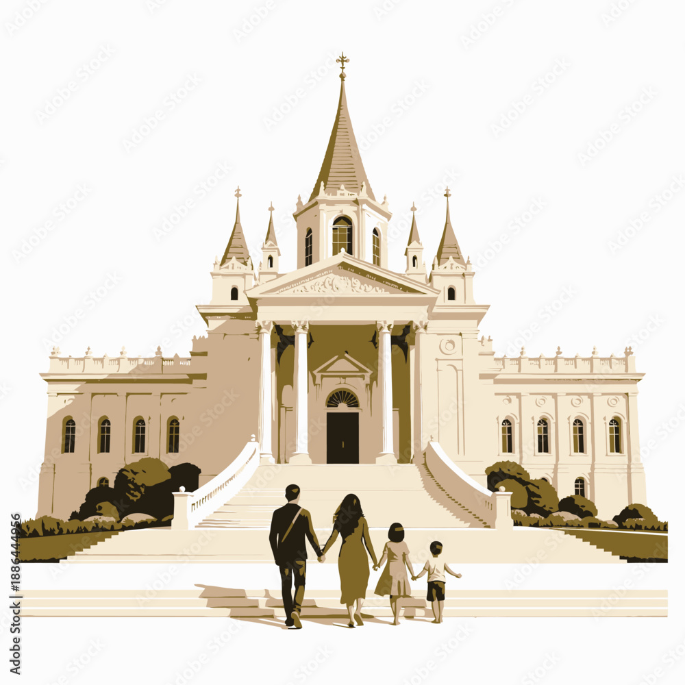Obraz premium Family Approaches Majestic Historic Building with Ornate Spires and Grand Staircase in Bright Daylight