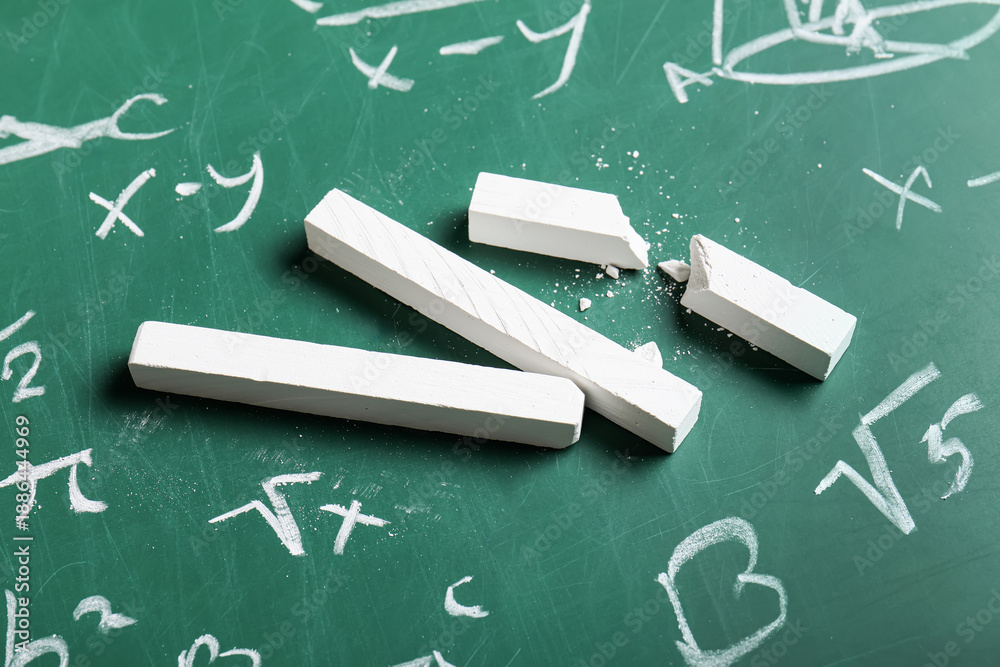 Fototapeta premium Different drawn geometric figures and math formulas with white chalks on green chalkboard