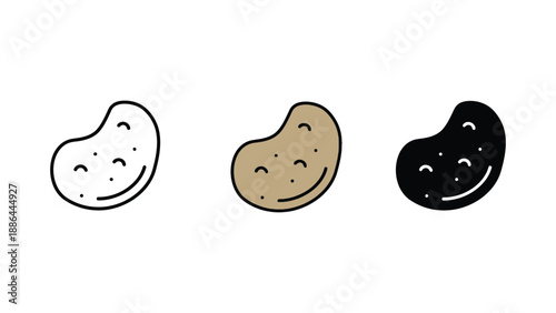 A set of three cartoon potatoes with smiling faces on a white background