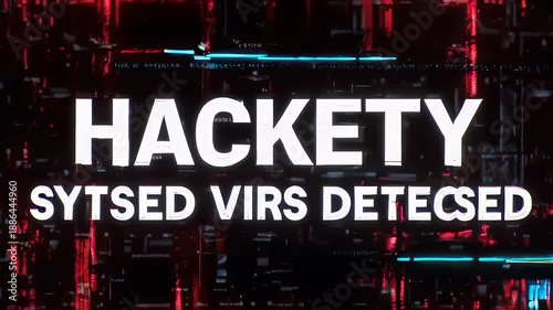 A futuristic digital artwork with glitching text and a glowing icon
