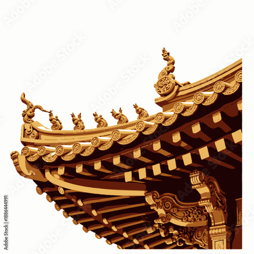 Intricately Carved Traditional Asian Temple Roof with Golden Ornaments and Elegant Architectural Details against a White Background