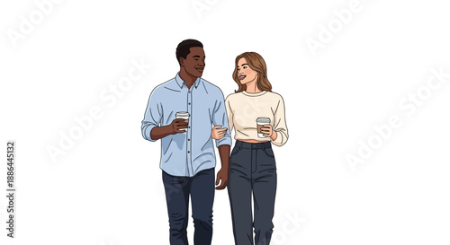Couple walking together, enjoying coffee and conversation on a relaxed, casual outing viewed from the side.