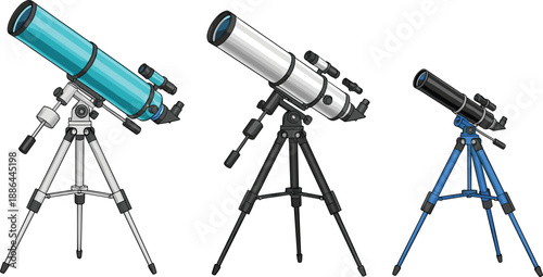 Set of professional astronomical telescopes on tripods for stargazing and space observation isolated on white background for science education and celestial exploration.