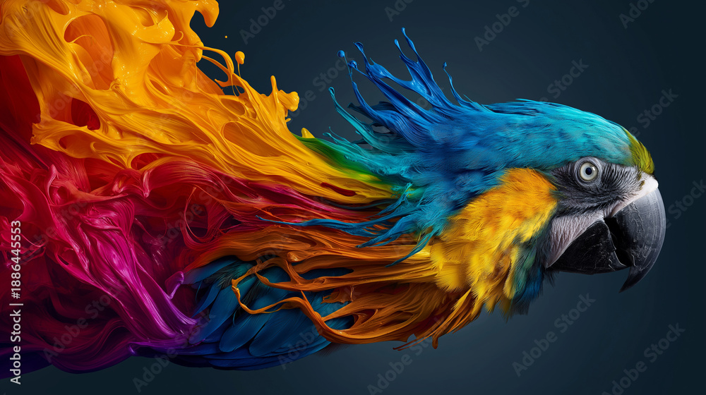 Obraz premium Flying Blue-and-Gold Macaw with Rainbow Paint Splash Trail on Dark Teal Background, Dynamic Banner